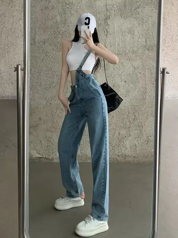 

Design Sensation Slimming High Waist Straight Leg Wide Leg Jeans Women's Fashion Irregular Single Shoulder Denim Overalls