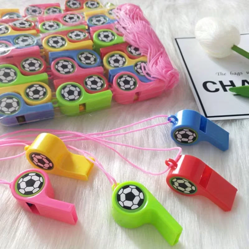

24pcs Mini Plastic Whistles with Ropes Kids Soccer Football Birthday Party Favors Goodies Bag Pinata Filler Toys Christmas Gifts