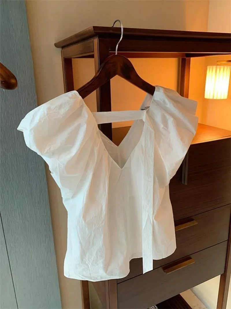 French Style V-neck Loose Blouse Sweet Puff Short Sleeve White Shirts 2024 New Summer Fresh Loose Casual Camisas Elegant Blusas