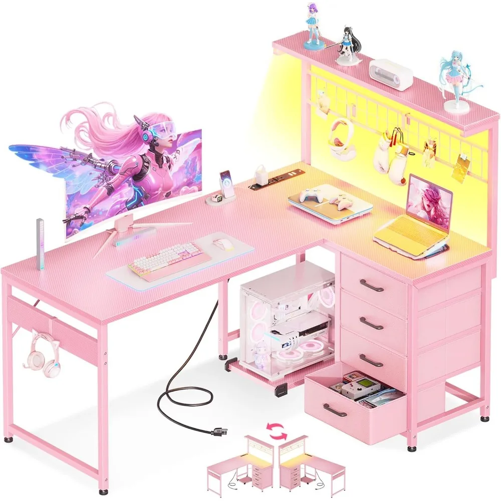 L Shaped Gaming Desk with Drawers & LED Light & Power Outlet, 43