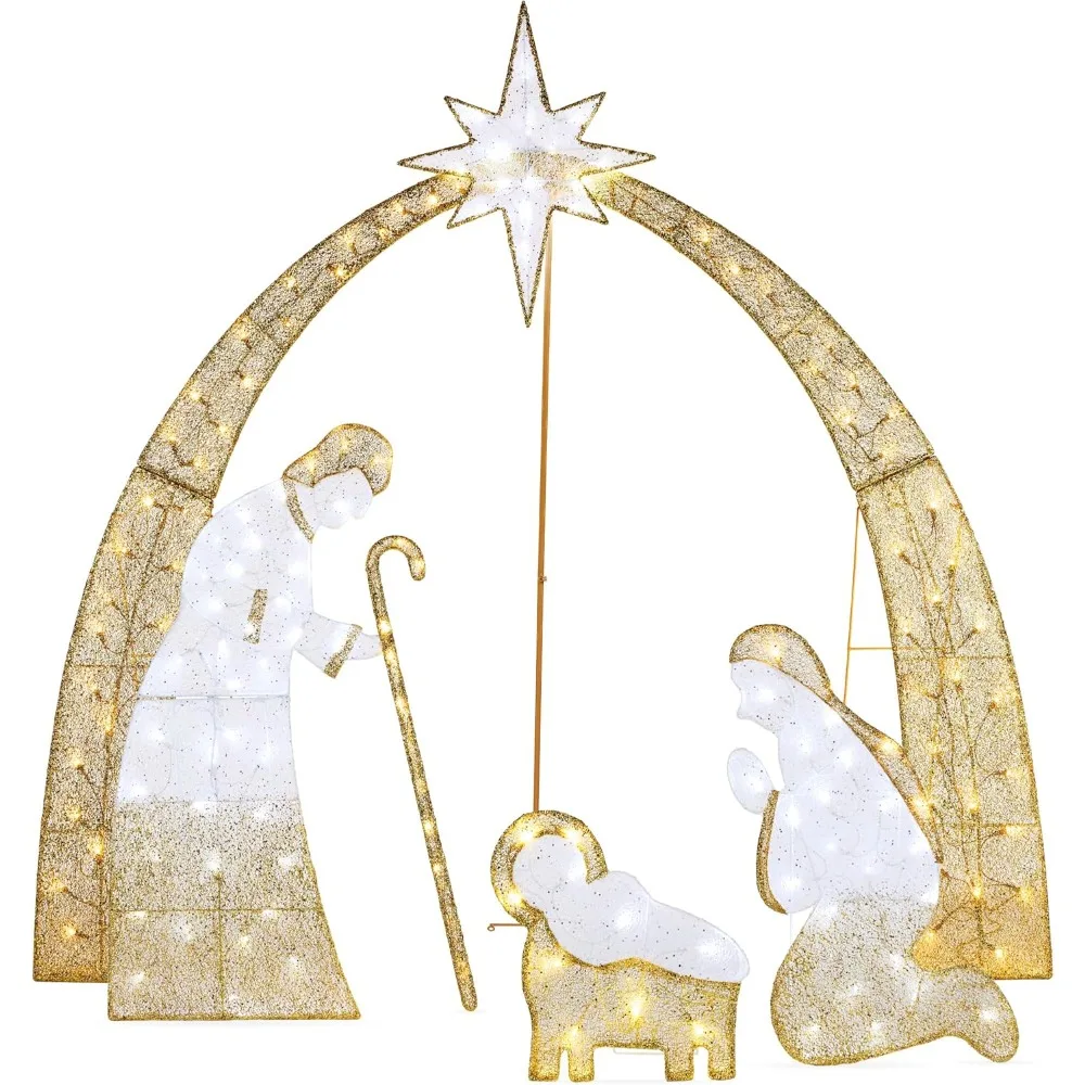 Lighted 2D Outdoor Nativity Scene, Christmas Arch Holy Family Yard Decoration w/ 170 LED Lights, Stakes Zip Ties