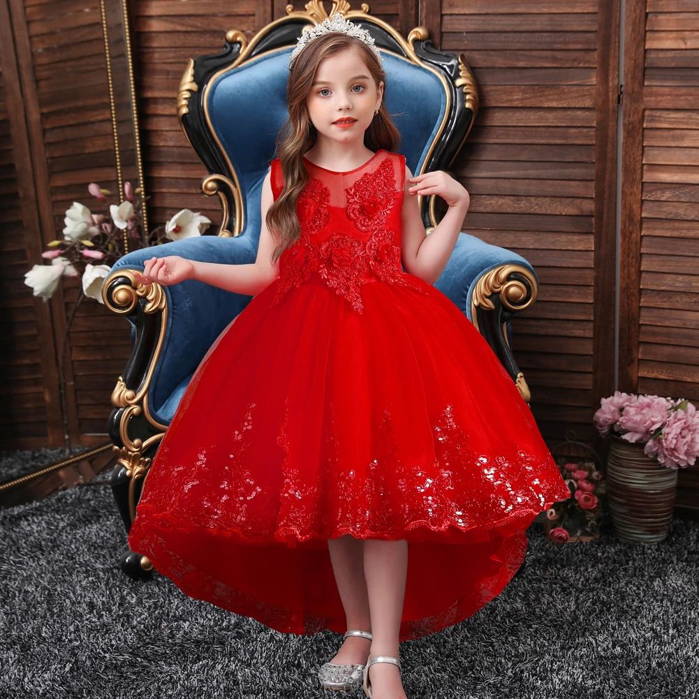 HETISO Princess Dress for Girls Red Lace Flower Bridesmaid Children's Party Wear Kids Ceremony Prom Frock 12-14 Years