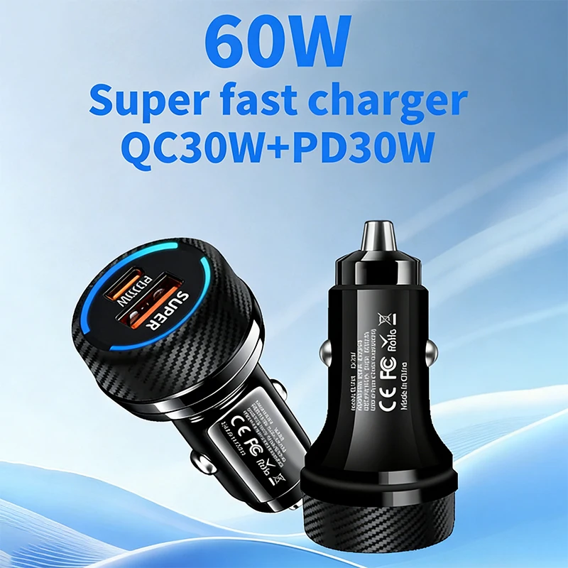 

60W Super Fast Charging Car Charger PD30W QC30W USB Type-C Dual Port Adapter Car Charger Mobile Phone For iPhone 17 For Samsung