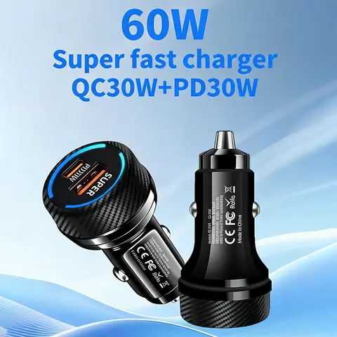 60W Super Fast Charging Car Charger PD30W QC30W USB Type-C Dual Port Adapter Car Charger Mobile Phone For iPhone 17 For Samsung