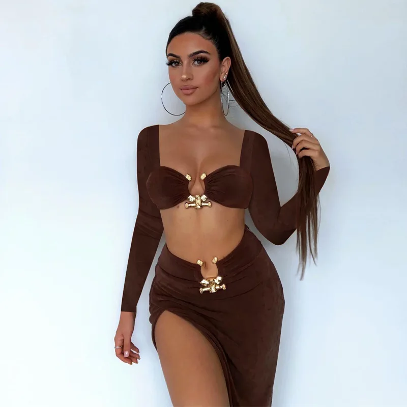 Women's New Sexy Slim Fit Exposed Navel Square Collar Strapless Long Sleeved Slit Skirt Two-piece Set