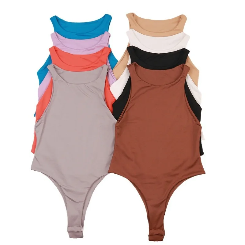 セクシーなボディスーツ、タイトな袖、ラウンドネック、無地、ロングパンツ、ハイウエスト、レディースジャンプスーツ、ファッショナブルでトレンディ