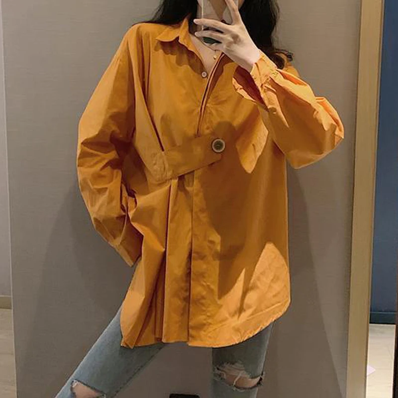 Women Trendy Simple Streetwear Harajuku Y2K Shirts Spring Autumn Casual Irregular Design Oversize Blouses Solid Long Sleeve Tops