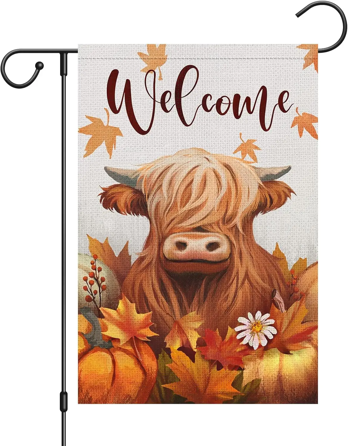 Welcome Fall Highland Cow Garden Flag 12x18 Inch Double Sided Burlap, Farmhouse Pumpkins Cow Yard Decor Seasonal Flowers Porch F