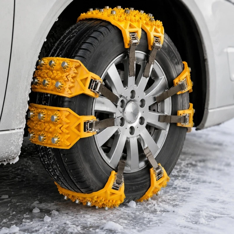 Car Tire Snow Chains, Steel-Cleat Tire Chains with TPU Bodies and Encircling Straps for Temporary Driving Help on Snow, 68UF