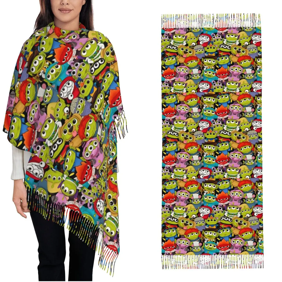 Toy Story Alien Little Green Men Remix Scarf for Womens Winter Fall Pashmina Shawls and Wrap Large Scarves with Tassel