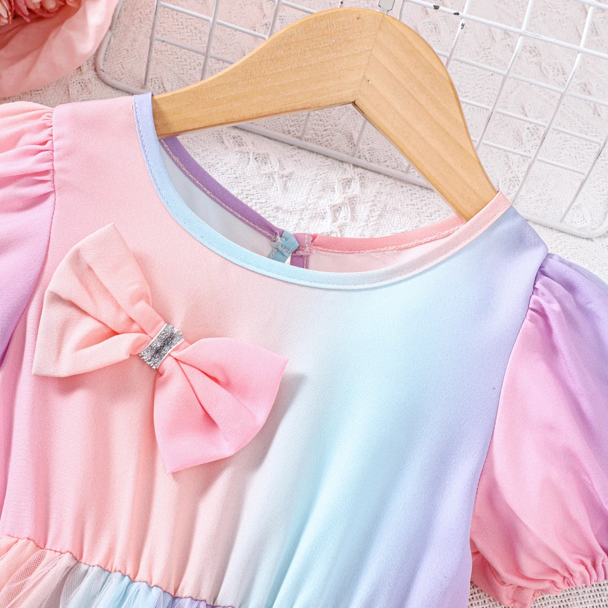 Summer New Leisure Fashion Gradient Bubble Sleeves Bow Colored Mesh Dress For Primary And Secondary School Girls