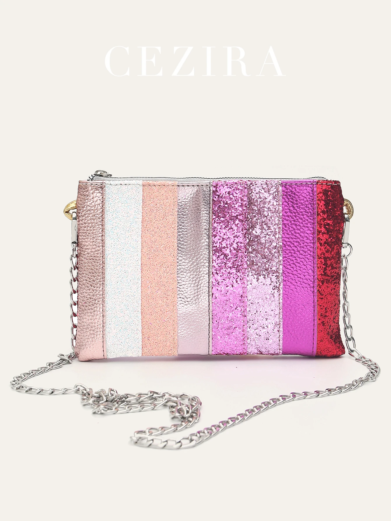 

CEZIRA Glamorous Shiny Sequins Metallic PU Leather Stripes Patchwork Square Handbag Women's Metal Chain Shoulder Cross body Bag