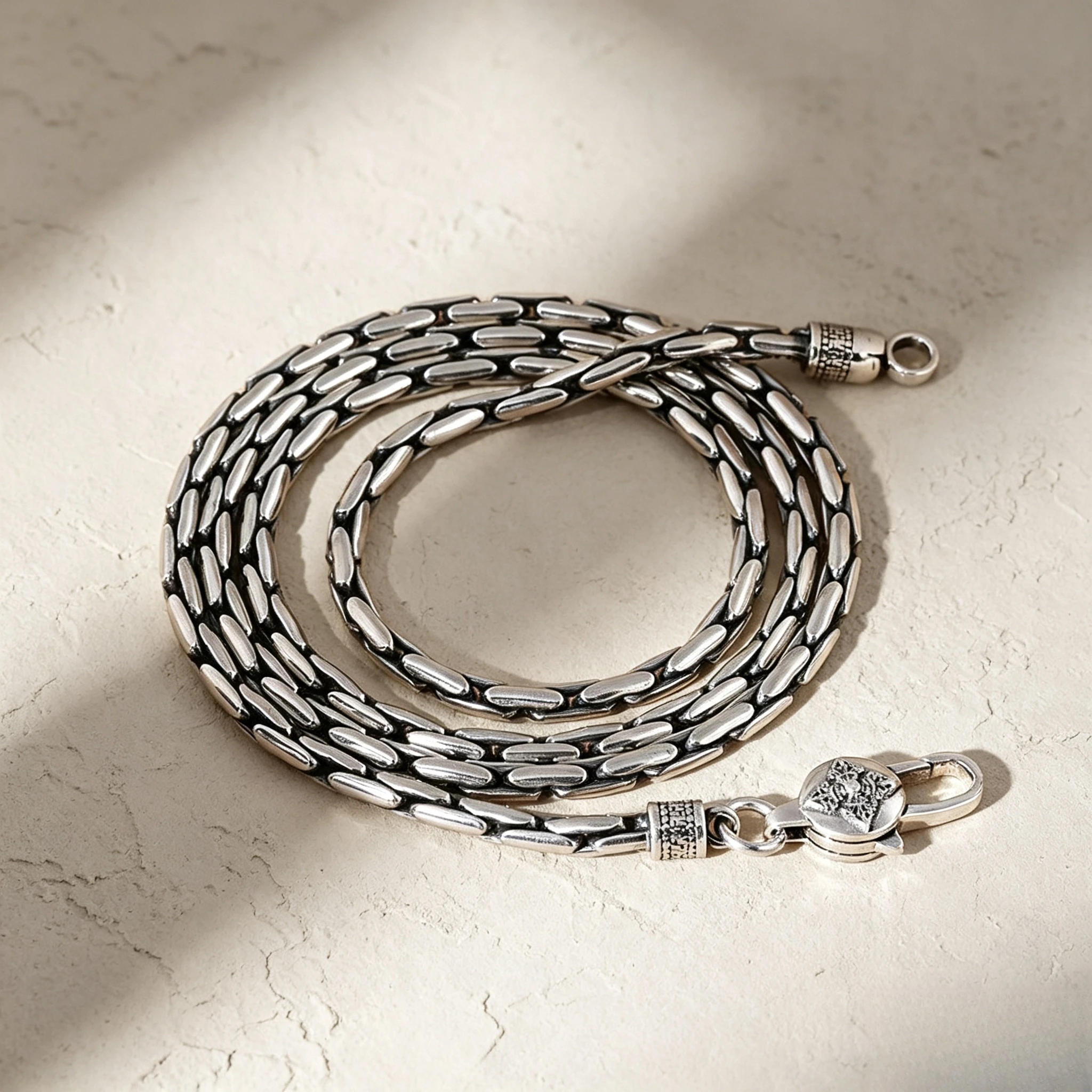 Vintage Rice Bead Bamboo Chain Necklace, Antique Silver Tone Olive Shape Link Chain, Thin Basic Chain for Pendants Retro Jewelry