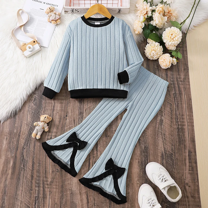 Autumn & Winter Casual Adorable Girl's Kids Elegant Warm Round-Neck Long Sleeve & Bow Casual Pants Two-Piece Set