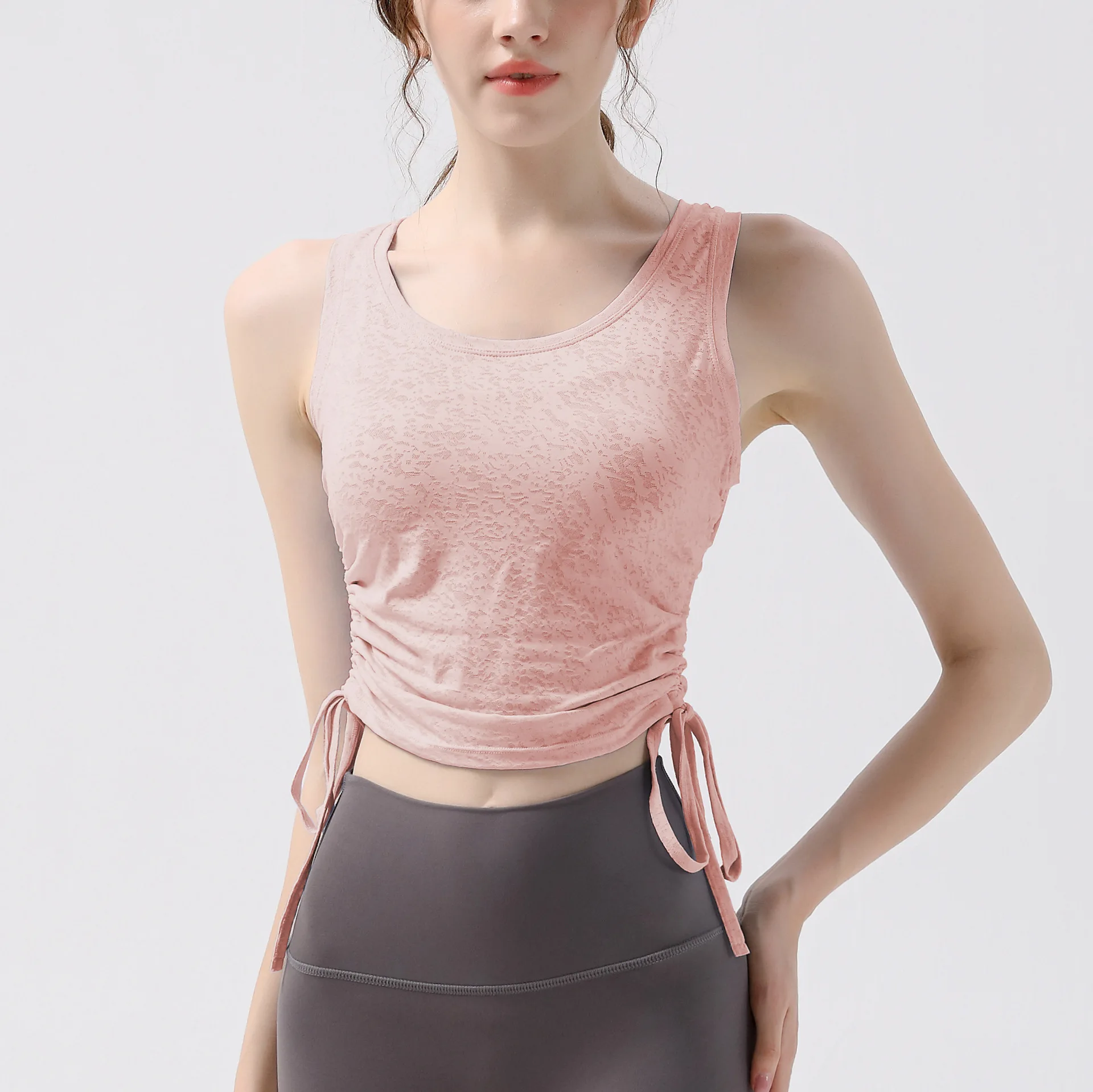 Drawstring Sports Vest Women Running Jacquard Thin Slim Sleeveless Blouse Pilates Thin Tops Yoga Clothing Summer Gym