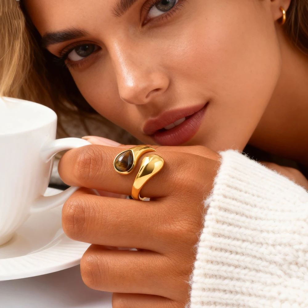 

18K Gold Plated Brown Tiger Eye Natural Stone Water Drop Statement Open Ring,Vintage Boho Jewelry for Women