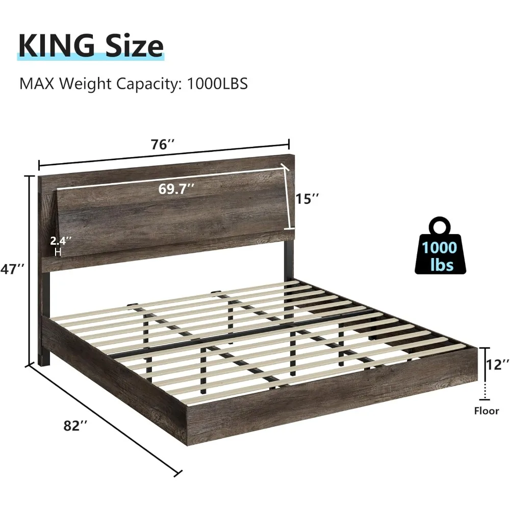 Kingsize-Bett rahmen mit LED-Licht und Kopfteil, keine Box spring erforderlich, geräusch frei, schwimmender Plattform bett rahmen für Bauernhöfe