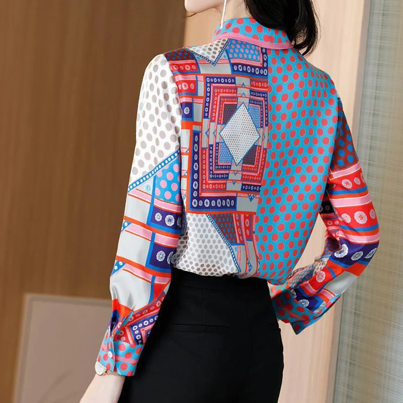 Silk-like Office Lady Loose Blouse Summer Women\'s Clothing Turn-down Collar Polka Dot Geometric Printing Single Breasted Shirt