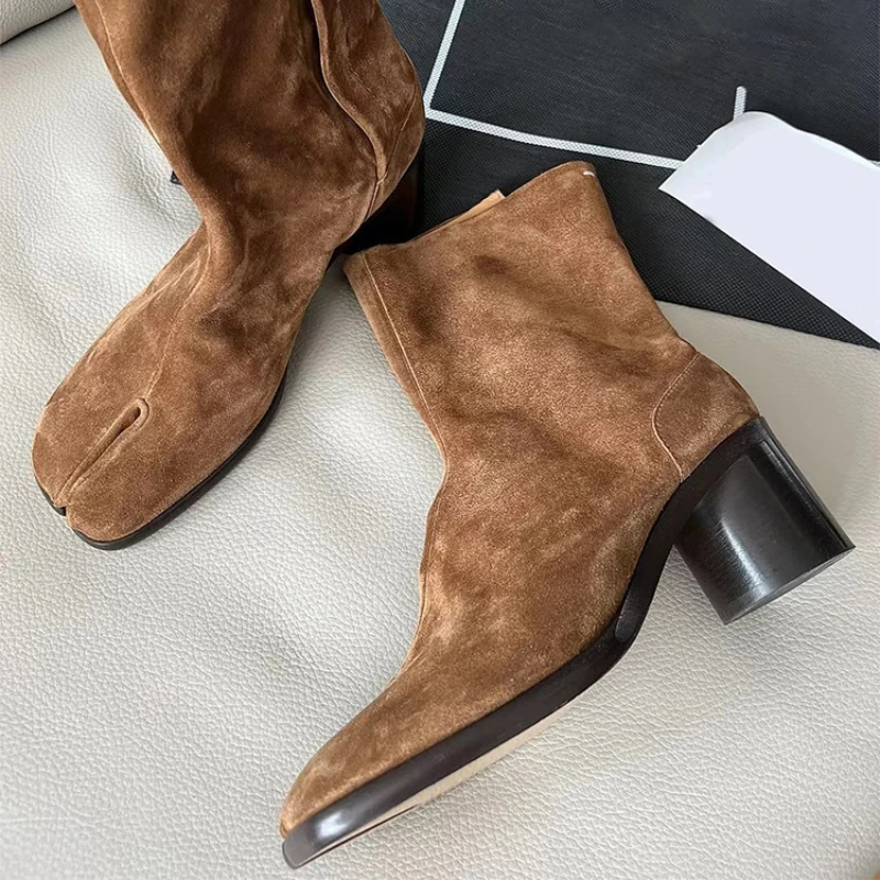 New Fashion Women\'s Chelsea Boots Genuine Leather High Heel Fashion Split Toe Casual Shoes Female Booties Ankle Boots