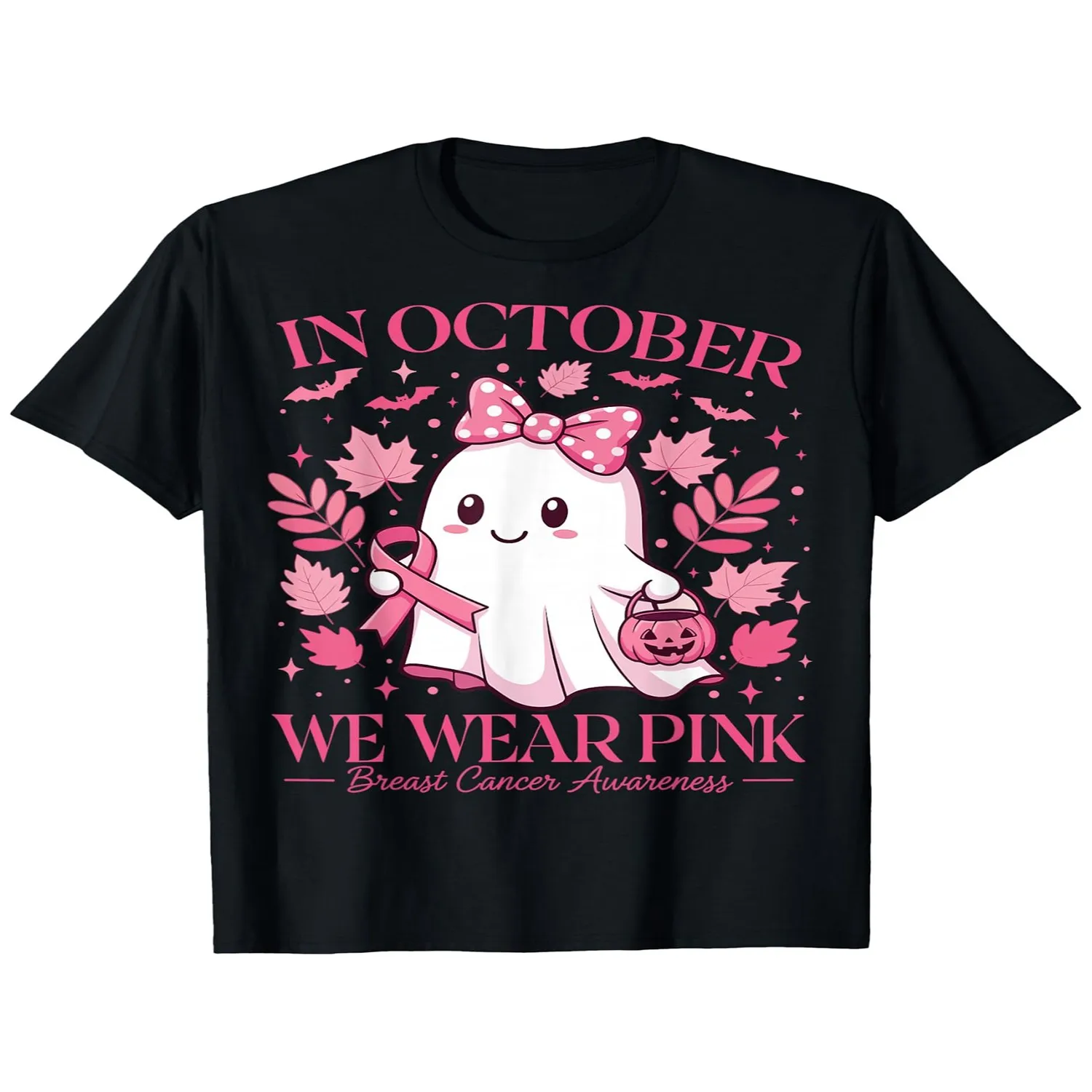 October We Wear Pink Breast Cancer Ghost Halloween Pumpkin T-Shirt, 100 Casual Crew Neck Tee, Regular Fit with Short Sleeves for All Seasons, Cancer Awareness Survivor Tee Perfect for Women Men Short Sleeve T Shirt, Birthday Gift Tee