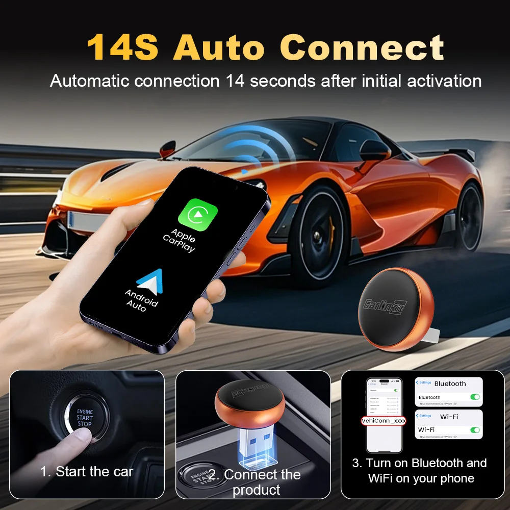 Adaptador Inalámbrico CarlinKit 2 en 1 para CarPlay y Android Auto, WiFi 5GHz, CarPlay Inalámbrico, Caja Inteligente para Sistemas de Auto, Plug and Play