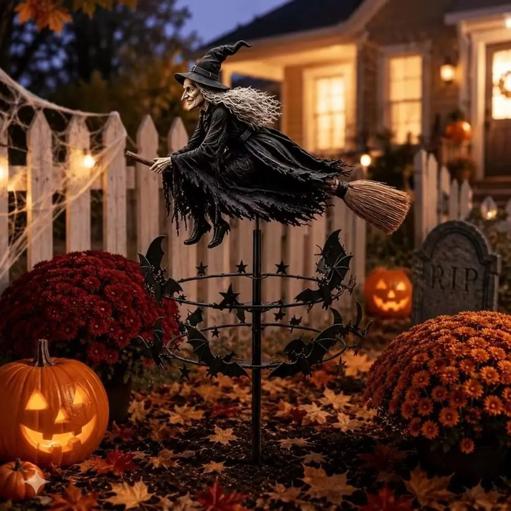 Witch and Bat Pattern Halloween Witch Garden Windmill Halloween Yard Art Outdoor Decor Metal Outdoor Garden Stake Decoration