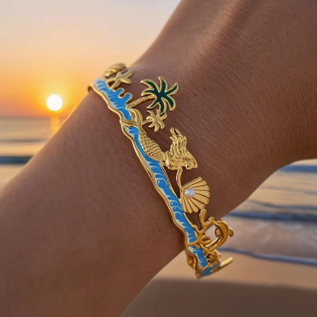 Conjunto de anillos de acero inoxidable con diseño de sirena a la moda, joyería impermeable chapada en oro de 18 quilates para mujer, para uso diario, vacaciones, playa, Etc.