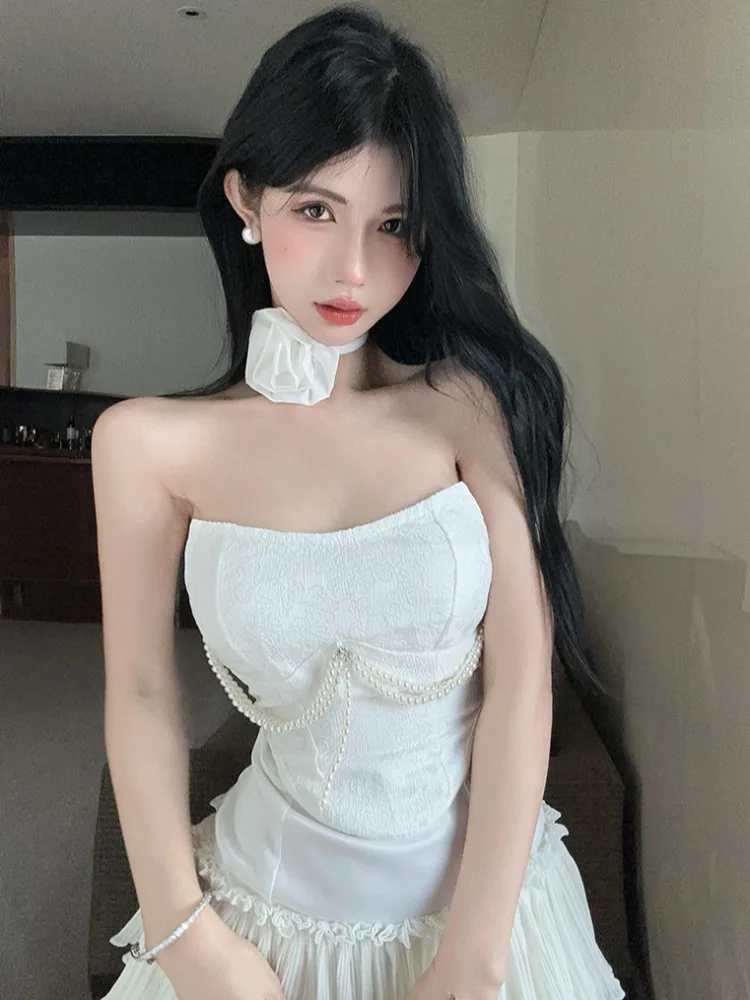 

Heavy Embellished Pearl Chain Slim Fit Vest Top High Waist Puffy Skirt Two Piece Set for Women Summer Sweet Style Fashion