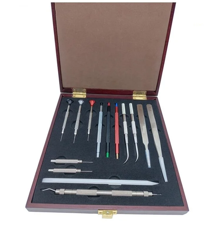 W2349 Set of Watch Bracelet Hands Remover Flat Head Screwdriver Hand Setter Spring Bar Tool Tweezers Band Pin Punch in Wood Box