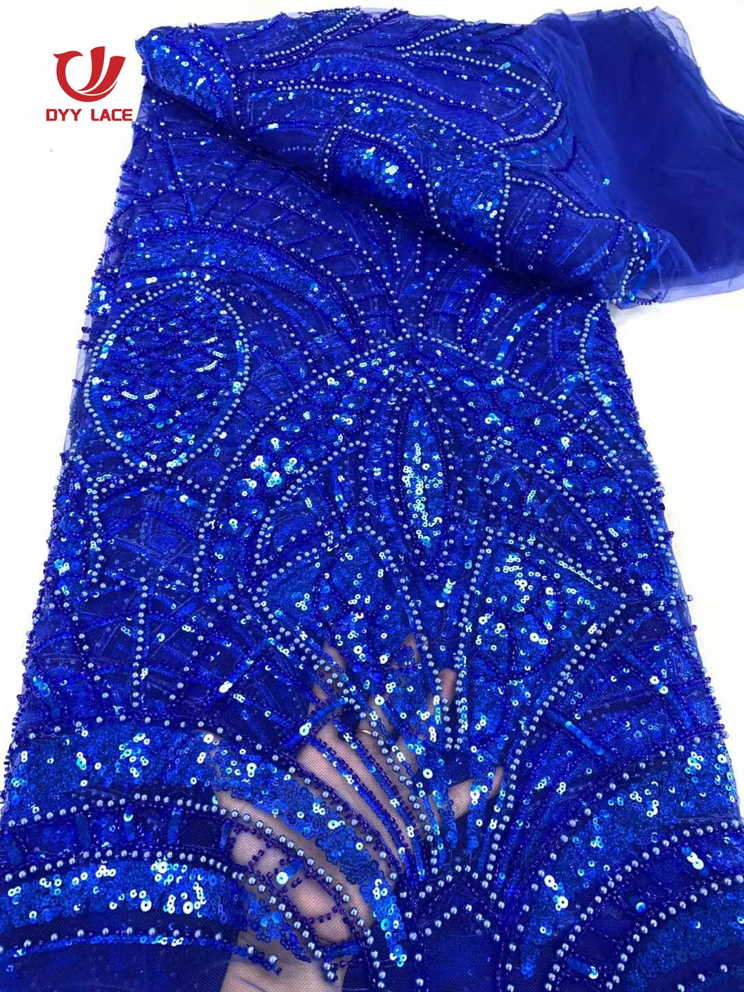 5 Yards African Nigerian Sequins Lace Fabric 2024 High Quality Lace Embroidery Beaded Mesh Fabric For Women Wedding Party Dress