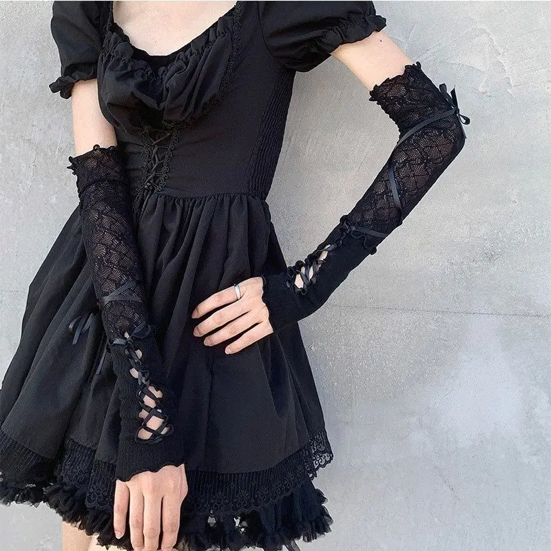 Lolita Y2K Strapping Lace Fingerless Hot Sexy Arm Sleeves Sunscreen Sleeve Punk Gloves Splicing Ballet Style Sweet Cool Gloves