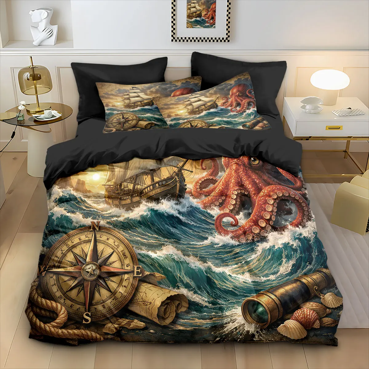 3pc Marine Organism Ship Printed Coreless Duvet Set, Multi Size Bedroom Bedding Decoration, Machine Wash