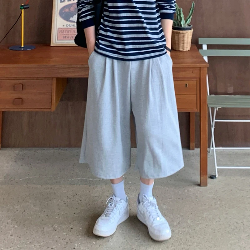 Sports Casual Gray Men's Shorts 2026 Summer Loose Wide Leg Knee Length Cropped Pants Korean Style Versatile Bottoms JOMU