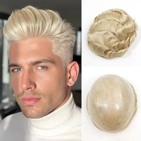 Undetectable #613 Blonde Full PU Men Toupee Human Hair Single Knot Hairpiece Men's Capillary Prosthesis Hair Replacement System