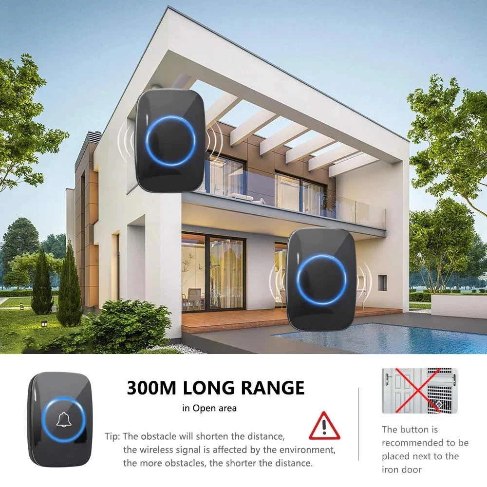 Sonnette sans fil intelligente étanche avec bouton tactile, lumière LED, sécurité à domicile, 60 appels de porte tendance, prise US EU, portée à distance de 300m