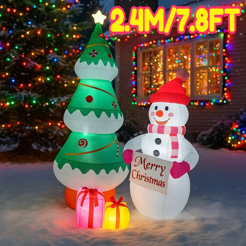 2.4M/7.8FT Inflatable Snowman Tree Gift Boxes Outdoor  Lights LED Home Decorations Toys Yard Xmas Holiday Decor Supplies