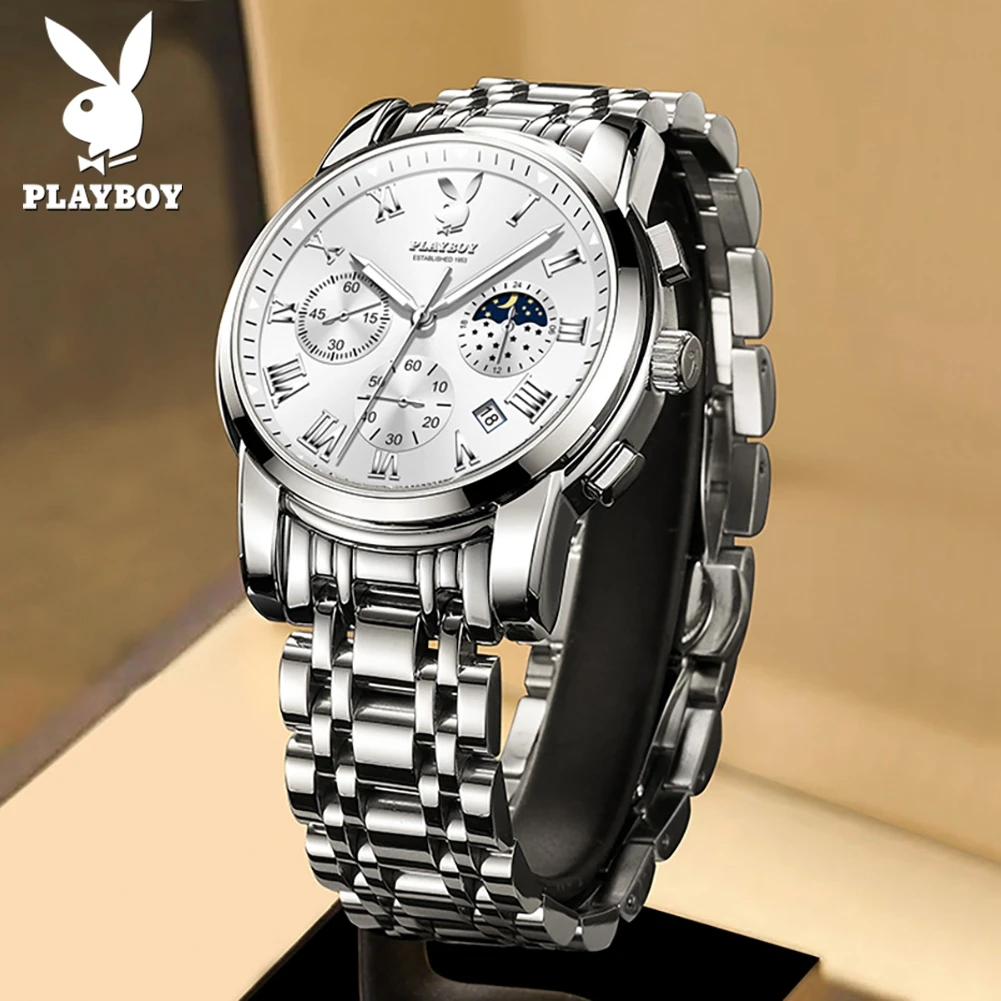 PLAYBOY 3026 Brand original authentic watches for man luxury Solid steel belt chronograph calendar quartz men's watch