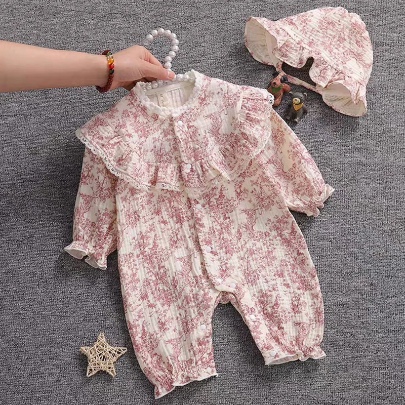 الوليد الطفل بنات بذلة قطعة واحدة الزي الرضع طفل الفتيات رومبير + قبعة قميص قطني بكم طويل الطباعة ربيع الخريف ملابس الطفل