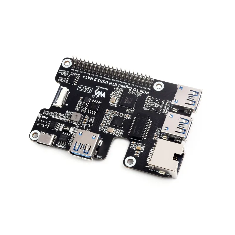 Waveshare PCIe To Gigabit Ethernet And USB 3.2 Gen1 HAT For Raspberry Pi 5, 3x USB 3.2 Gen1, 1x Gigabit Ethernet, Driver-Free