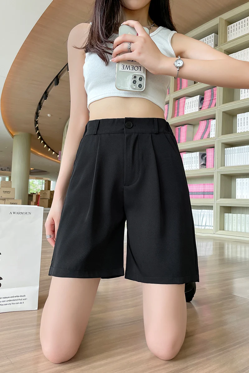 Calça feminina monocromática de cintura alta bolsos, shorts retos até o joelho, versátil, solta moda, simplicidade trajeto, verão