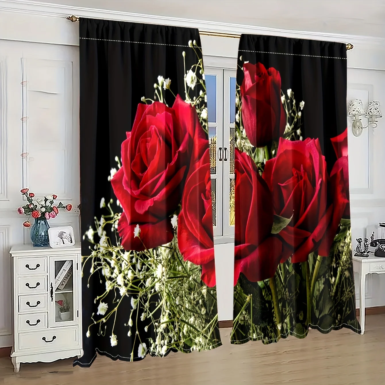 2panels Blooming Roses Printed Curtain, For Bedroom Office Kitchen Living Room Study Home Decor