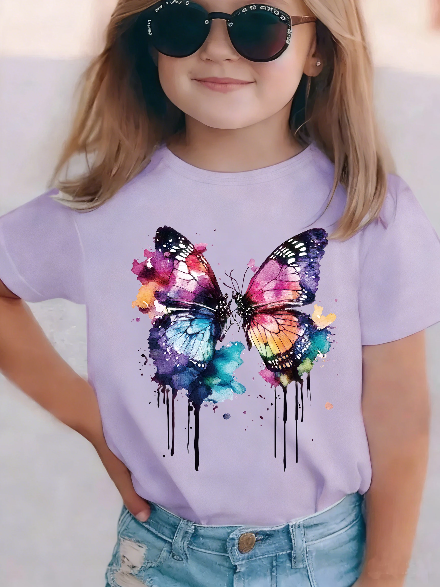 Retro Butterfly T-Shirt Printed T Shirt Girls' Summer Spring Vintage Short Sleeve Tops T-Shirts Cute Girls Clothing