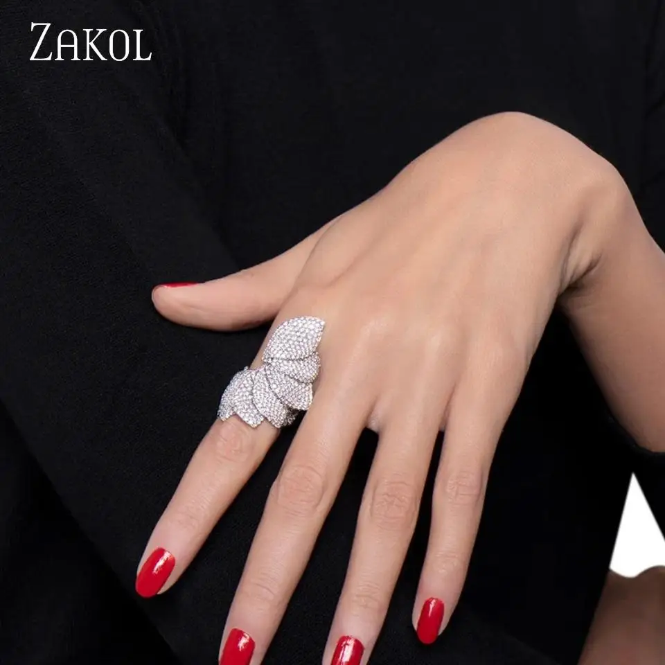ZAKOL High Temperament Flower Design Micro-set CZ Zircon Ring For Women Exquisite And Elegant Party Banquet Jewelry Accessories