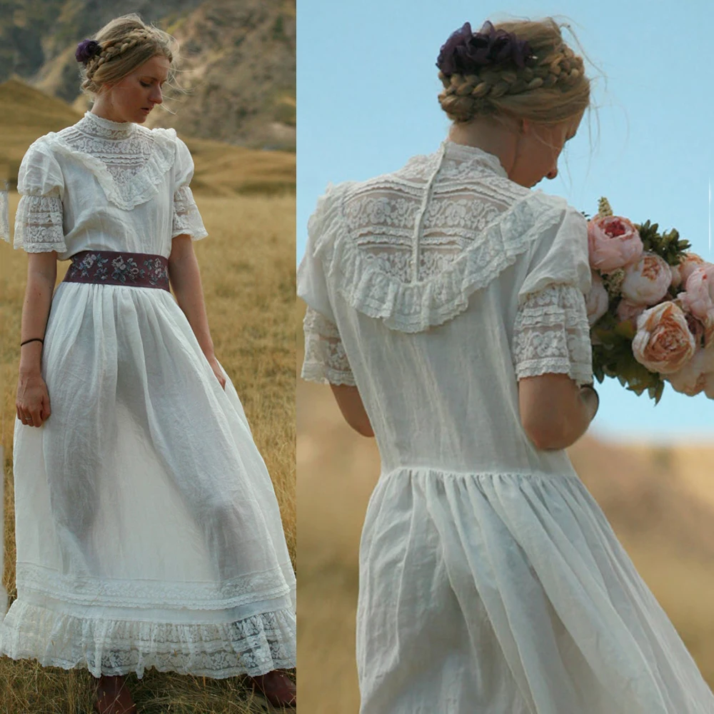 Victorian Linen Maxi Wedding Dress Rustic Lace Country Historic Wear High Neck Customize Customized Short Sleeves Bridal Gowns