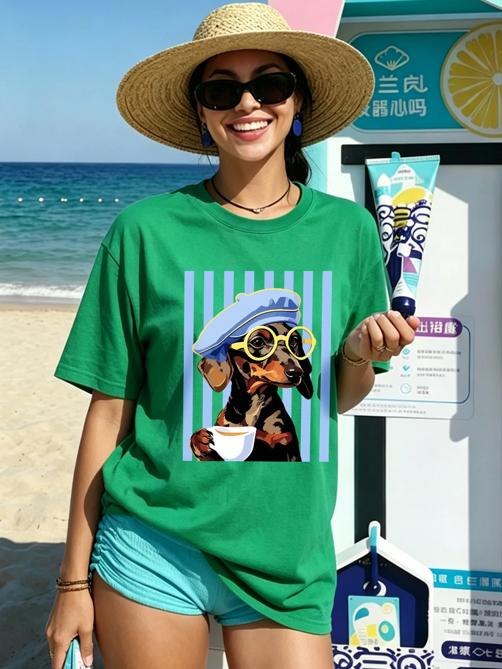 Dackel-Illustrationsdrucke T-Shirts Baumwolle Damen Sommer Oversize-Tops Weiches O-Ausschnitt Kurzarm-T-Shirt Basic Damenbekleidung – Detail 25