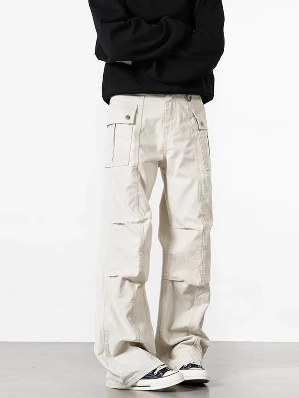 

American Retro Pleated Flared Work Pants Loose Straight Casual Trousers for Men And Women Multi ket Leisure Pants