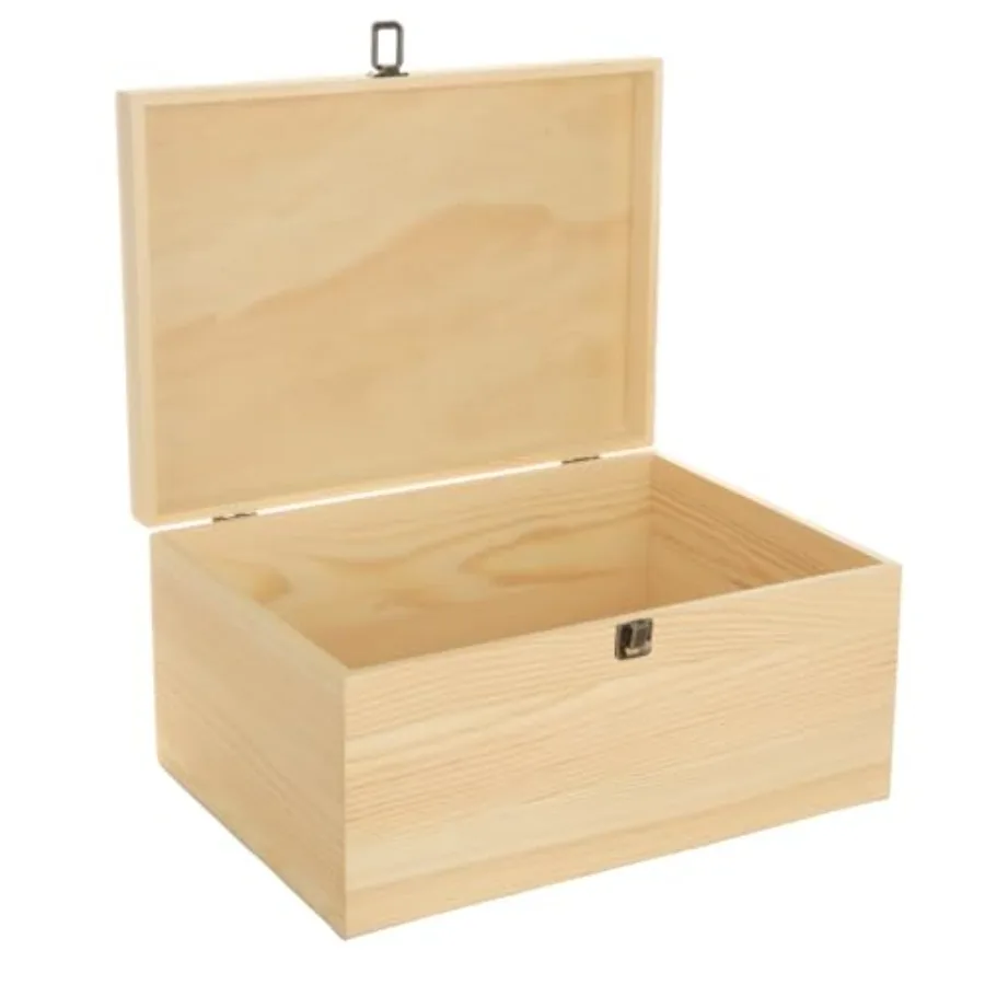 

Необработанная деревянная коробка 13,7x9,8x6,7 дюйма, большая деревянная коробка с откидной крышкой и передней застежкой, коробка из сосны для поделок и творчества