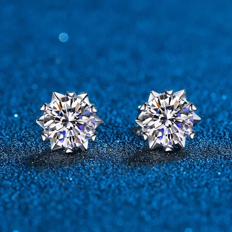 Silver Solid Stamp Stud Earrings Jewelry Clear White Cubic Zircon Female Snowflake Ear Studs for Women