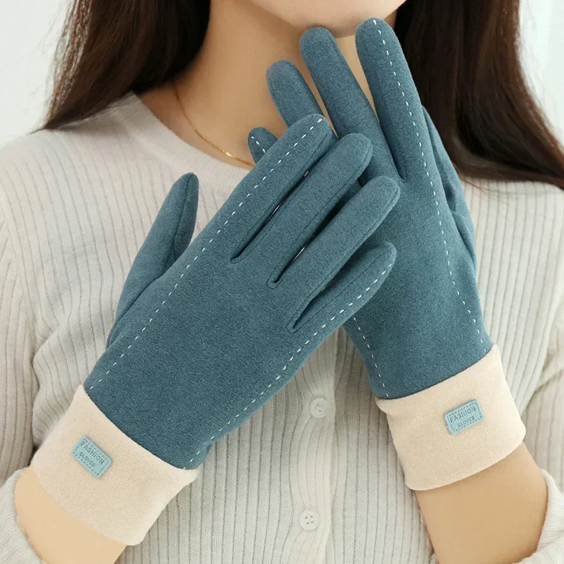 Touch screen caldo invernale da donna più ispessimento interno in velluto Guanti antivento da ciclismo e da guida semplici e alla moda in tinta unita