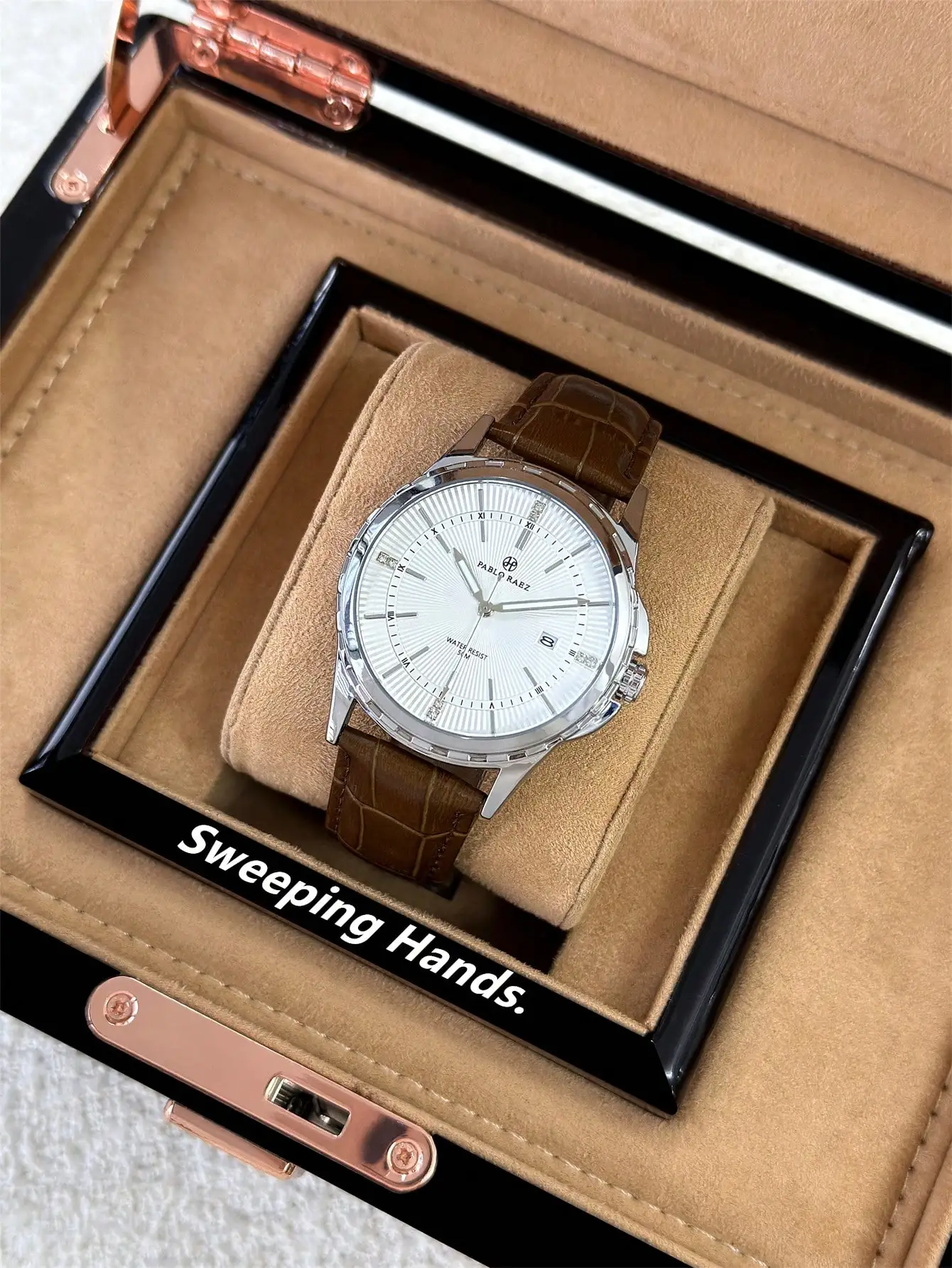 1pc Pablo Raez Men's Business Watch, Stainless Steel SUS304 Silver Case, Fashionable Large Dial, Date Display, 50m Water Resistant, Quartz Movement, Soft And Comfortable Artificial PU Leather Strap, Suitable For Daily Wear, Work, Party,